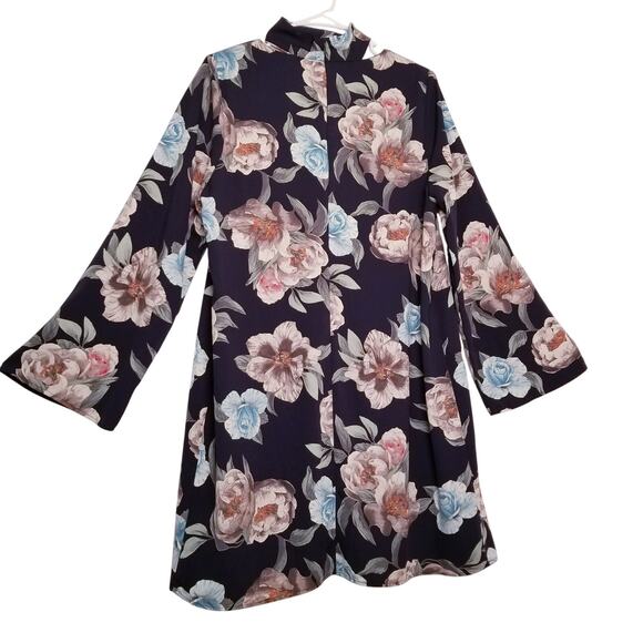 Byer California Multicolor Mini Floral Dress Long Sleeve Key Hole V-Neck Size L - Picture 3 of 6